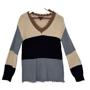 Alison Andrews Sweater Women Small Tan Navy Blue Cable Knit Pullover Raw Edge